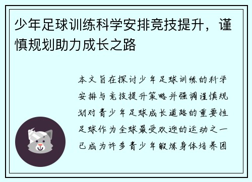 少年足球训练科学安排竞技提升，谨慎规划助力成长之路