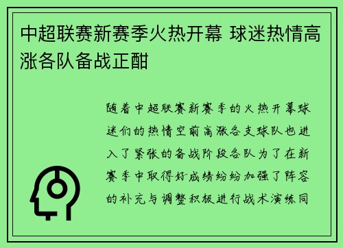 中超联赛新赛季火热开幕 球迷热情高涨各队备战正酣
